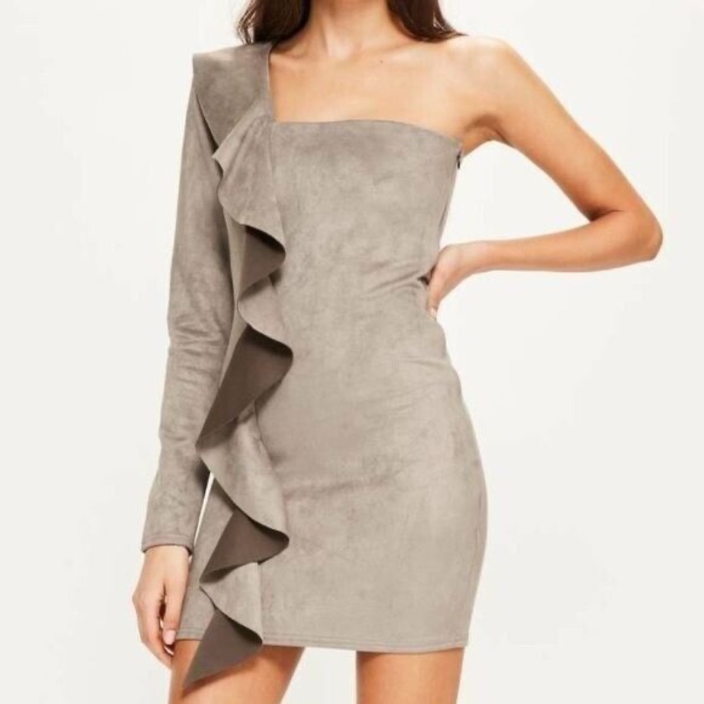 💎 Missguided One Shoulder Frill Down Suede Dress